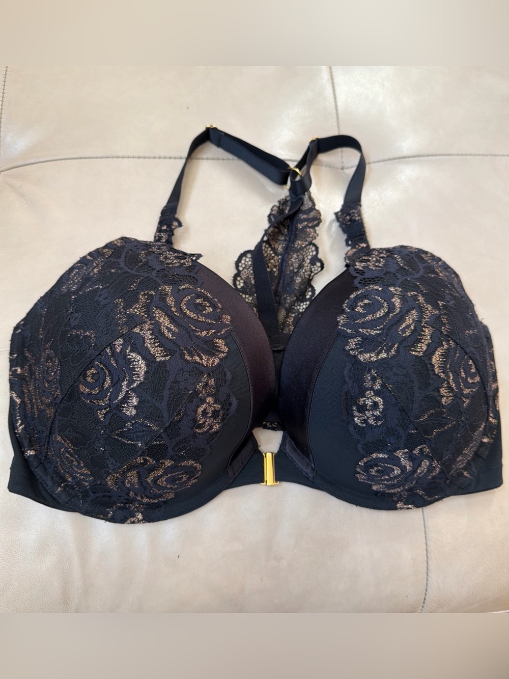 NWOT Cacique Black & Gold Plunge Bra, Size 40F